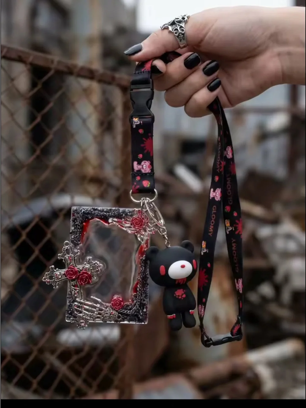 Black & Red Bear Lanyard with Decorative Charm